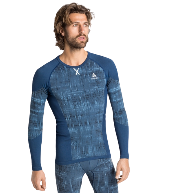 Odlo Thermoshirt Men Crew Neck Blackcomb - Blue Print Large Thermokleding - Reisartikelen-nl